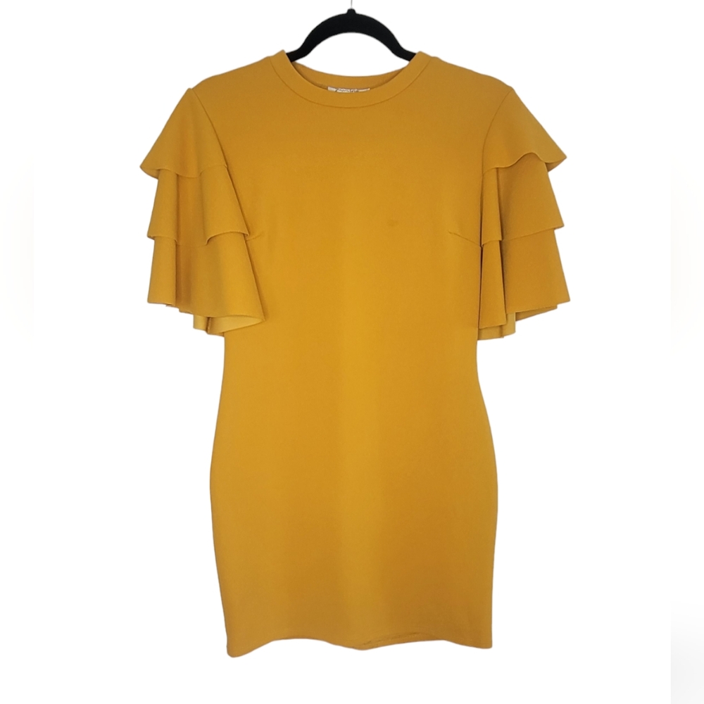 Ladies Mustard Flutter Sleeve Short Dress M